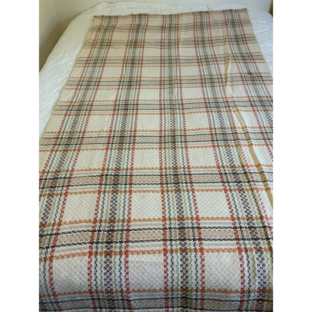 Vintage Woven Remnants Fabric Orange Yellow Green Brown Plaid MCM 2 Pieces